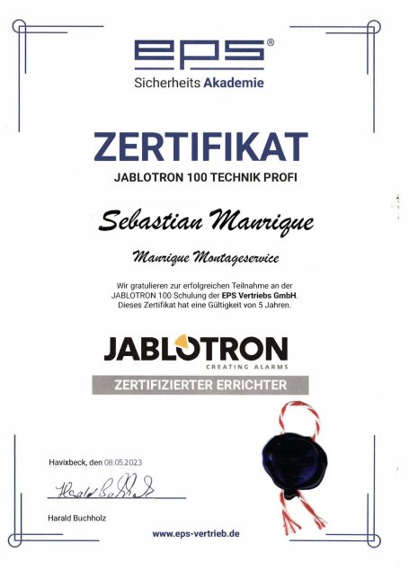 Jablotron 100 Technik Profi Zertifikat für Sebastian Manrique, ausgestellt am 8. Mai 2023.